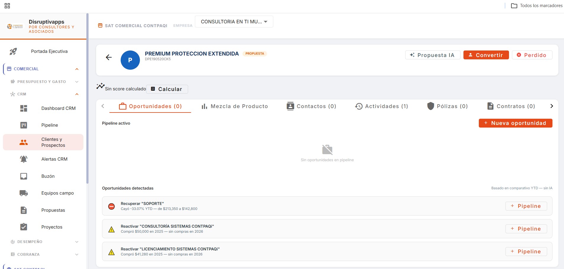 CRM de Disruptivapps: oportunidades de venta detectadas por comparativo YTD (recuperar y reactivar clientes) con creación de pipeline en un clic
